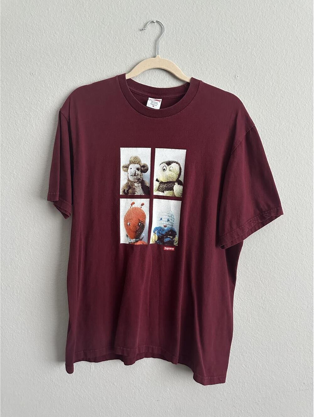 Supreme Maroon T-Shirt with Plush Character Graphic, Size M